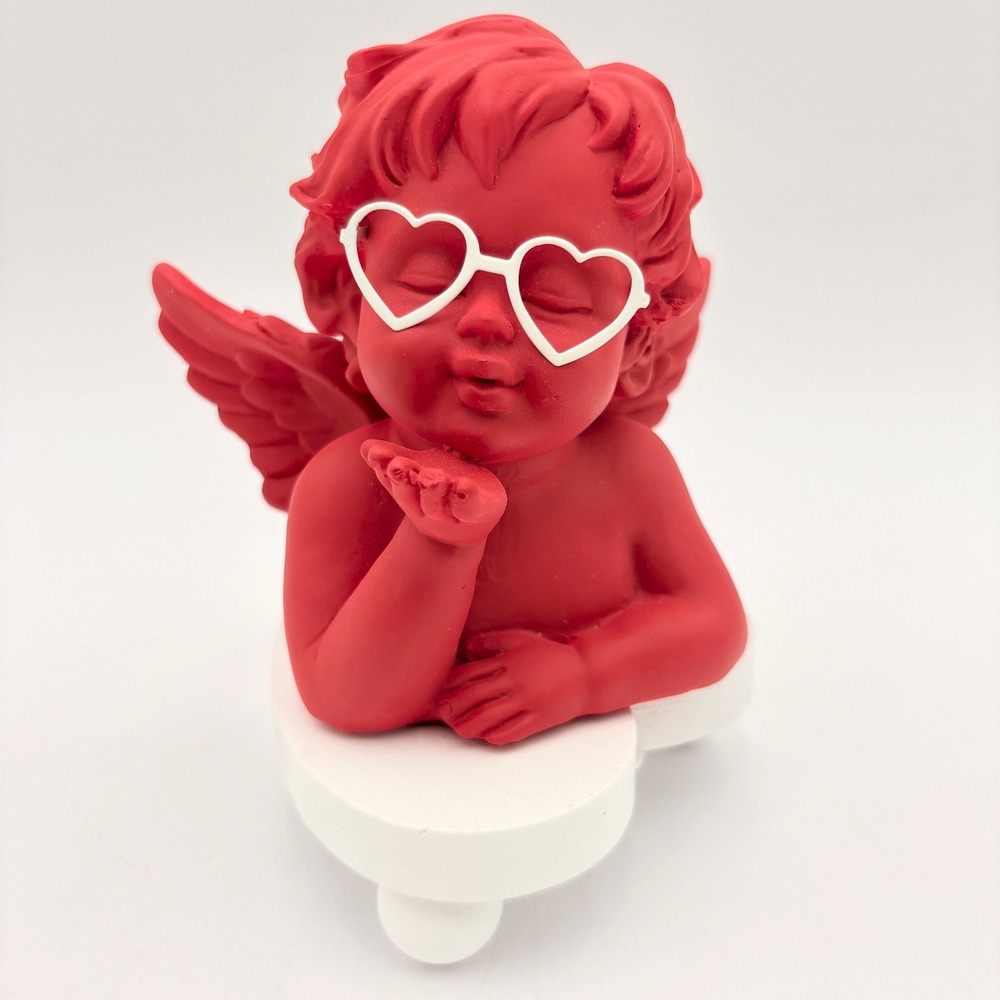 Red Cherub Angel Figurine Heart‎ Glasses Blowing Kiss White Base Valentine Decor